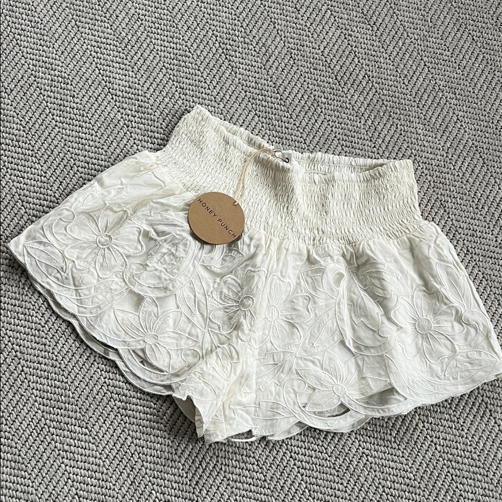 Honey Punch Cream Floral Eyelet High Waist Shorts